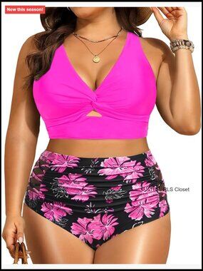 Plus Size Two Piece Bikini Set High Waisted Tummy Control Twist Knot Swimwear